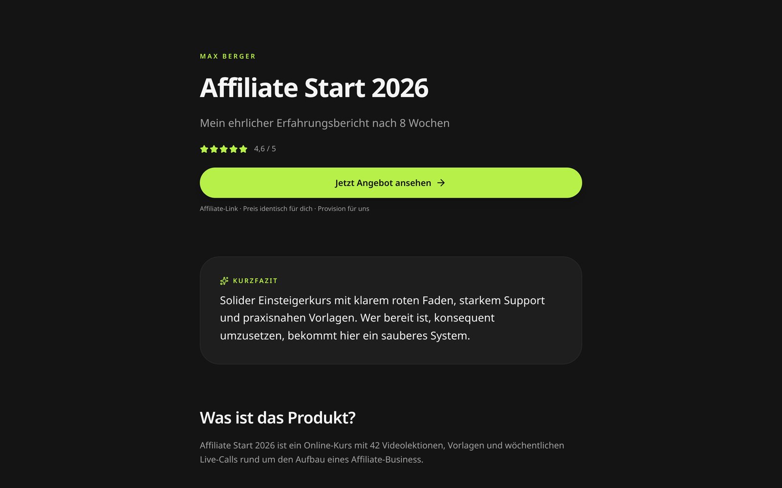 Veröffentlichte Affinex Review-Seite mit Produktname, Bewertung und Affiliate-Button